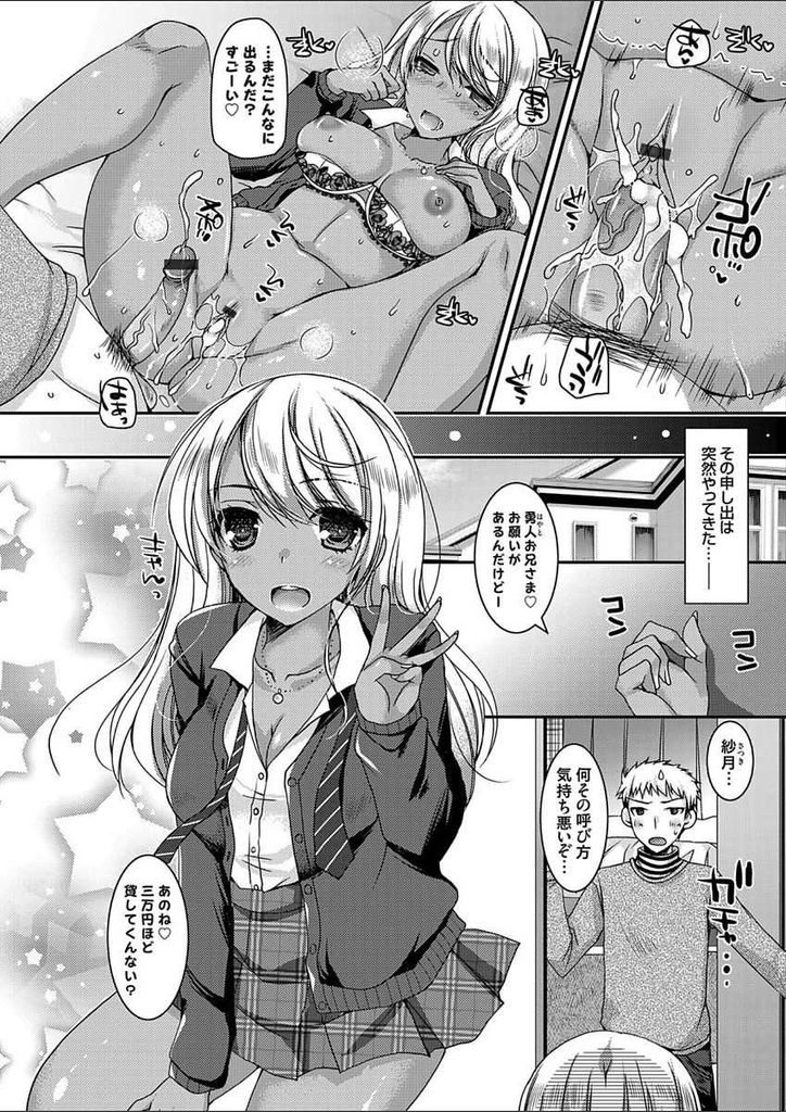 【エロ漫画】【エロ漫画】友達のタブレットを壊した修理代が必要で兄に金を借りたい黒ギャル巨乳JK…助けてくれる兄にお礼として手コキフェラ後に筆下ろしセックスする【上田リエコ:黒ギャル妹の援交を阻止するために童貞を捧げてみた。】