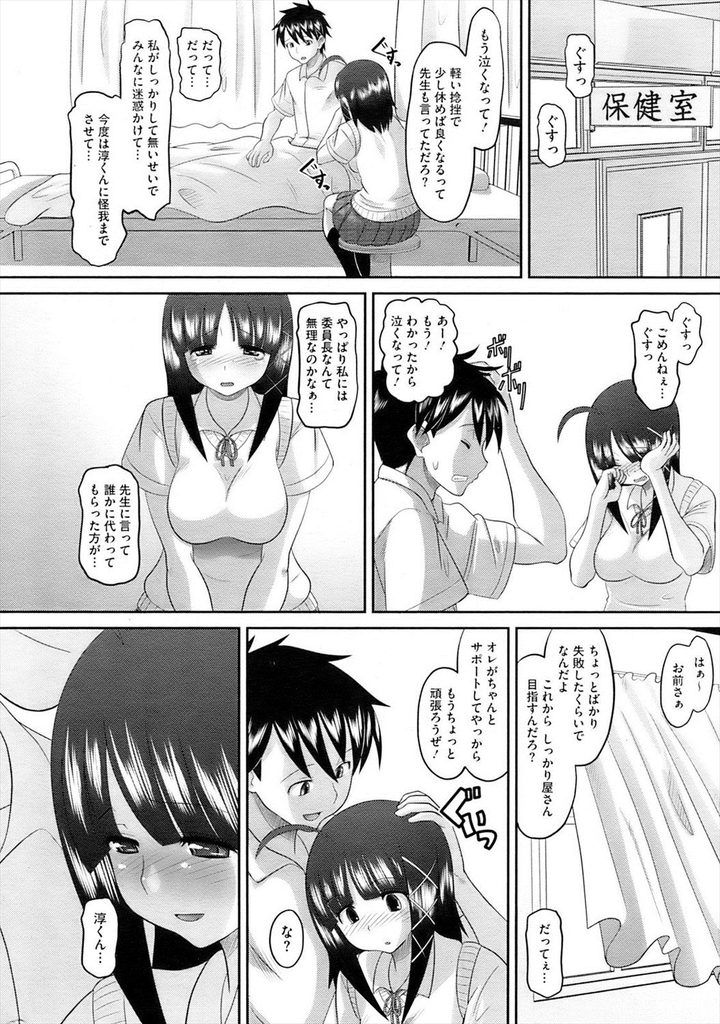 【エロ漫画】【エロ漫画】ドジっ子でいつも転んで幼馴染に心配をかけるJK…自分の不注意で怪我をさせてしまった幼馴染と保健室でいちゃラブ中出しセックス【野良黒ネロ:CHANGES！】